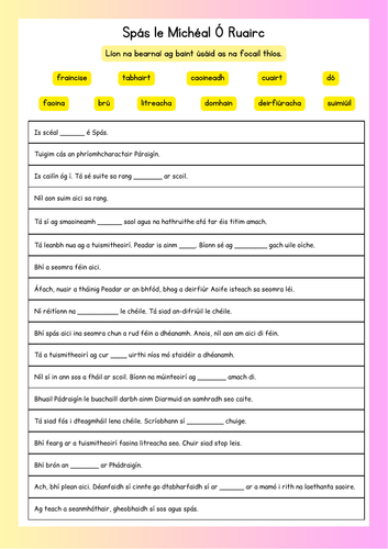 Gaeilge: Spás Bileog Oibre | Teaching Resources