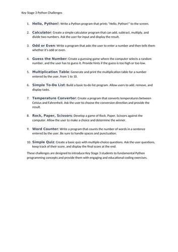 1. Key Stage 3 Python Challenges with Answers (Sheet 1)