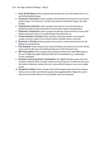 2. Key Stage 3 Python Challenges with Answers (Sheet 2)