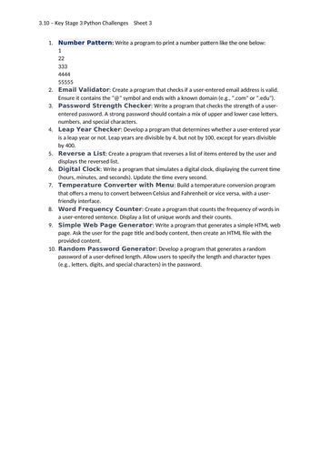 3. Key Stage 3 Python Challenges with Answers (Sheet 3)