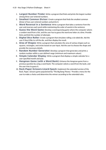 4. Key Stage 3 Python Challenges with Answers (Sheet 4) | Teaching ...