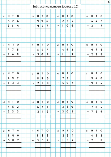 Column Subtraction Grid Paper Worksheets | Teaching Resources