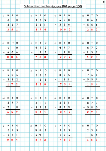 Column Subtraction Grid Paper Worksheets | Teaching Resources