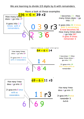 Division using the bus stop method 2-9 remainders and no remainders ...