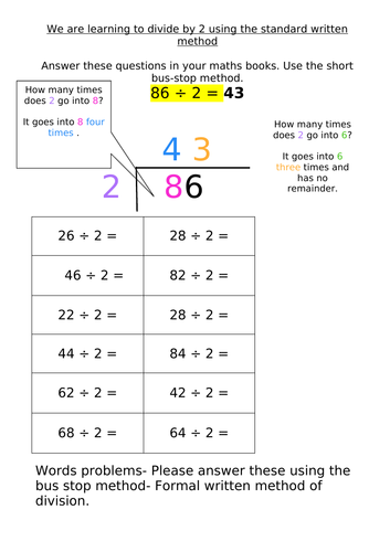 Division Using The Bus Stop Method 2-9 Remainders And No Remainders 