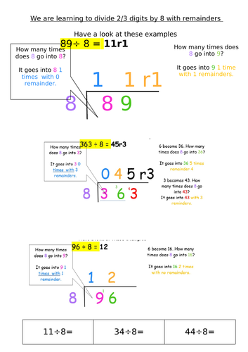 Division using the bus stop method 2-9 remainders and no remainders ...