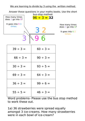 Division using the bus stop method 2-9 remainders and no remainders ...