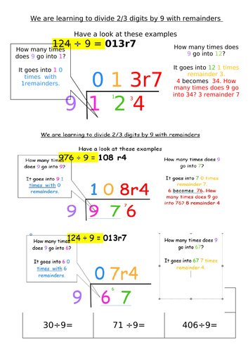 Division using the bus stop method 2-9 remainders and no remainders ...