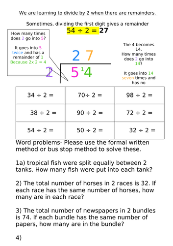 Division using the bus stop method 2-9 remainders and no remainders ...