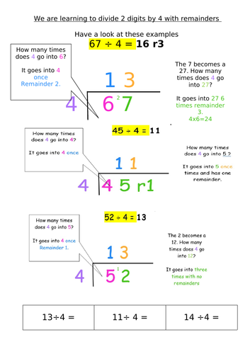 Division using the bus stop method 2-9 remainders and no remainders ...