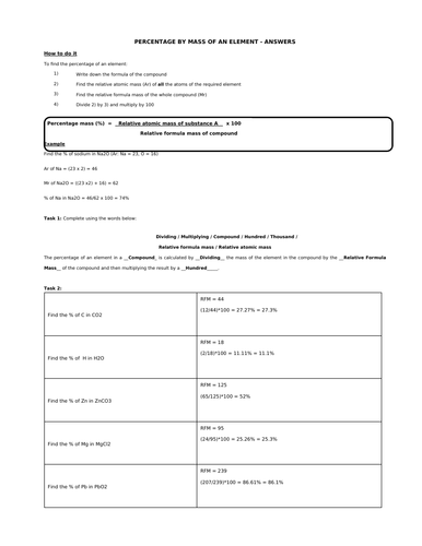 Calculating Percentage by Mass Teaching Resources