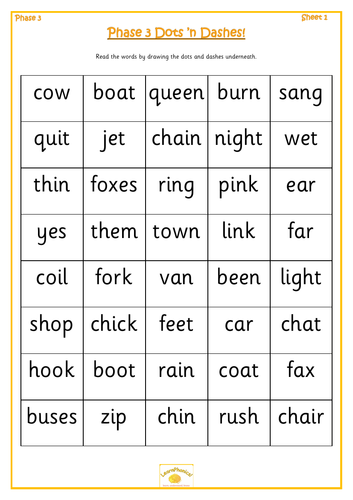 Phase 3 Dots 'n Dashes (shorter words) | Teaching Resources