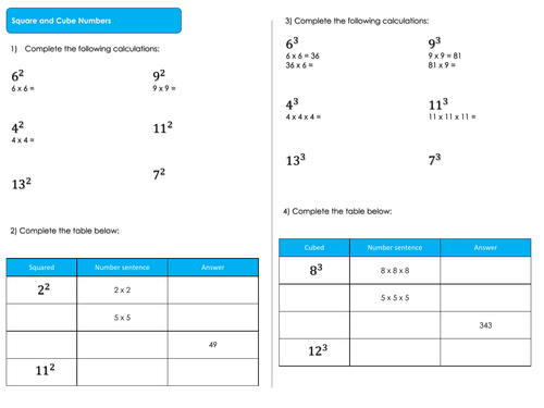 Square and Cube Numbers Worksheet | Teaching Resources