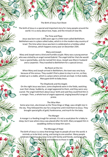 Birth of Jesus fact sheet with Christmas Comprehension, Year 2/3/4 ...