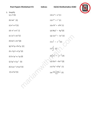 Indices : IGCSE Mathematics 0580 Past Papers Worksheet | Teaching Resources