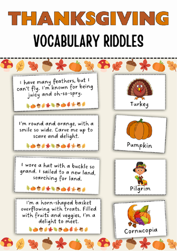 Thanksgiving vocabulary riddles. | Teaching Resources