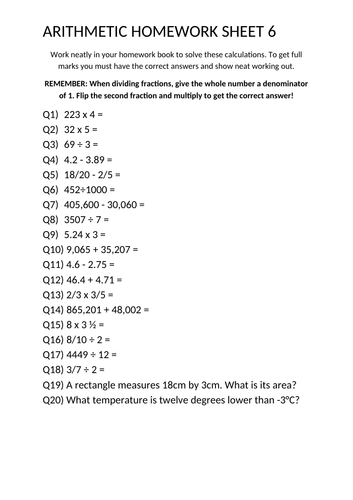 arithmetic homework year 6