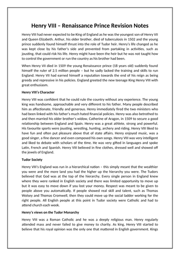 Revision Notes - Henry VIII Renaissance Prince