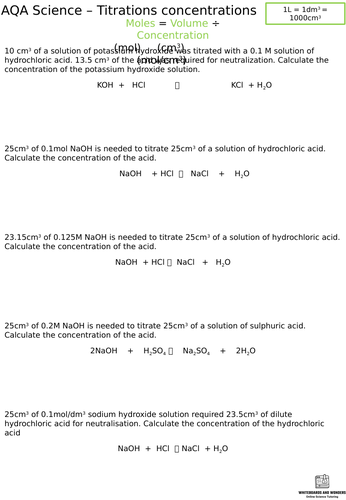 AQA - Quantitative Chemistry - Titration Calculations | Teaching Resources