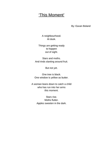 'This Moment' by Eavan Boland | Teaching Resources