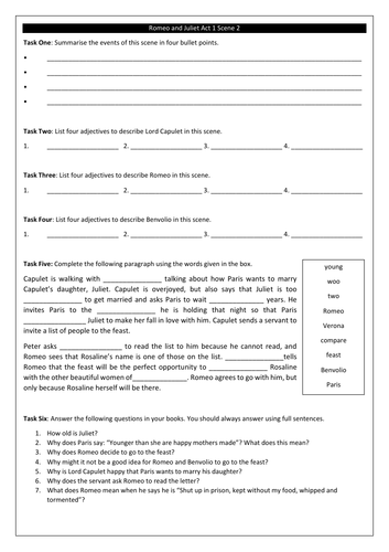 Romeo and Juliet Revision Worksheets for Each Act and Scene | Teaching ...