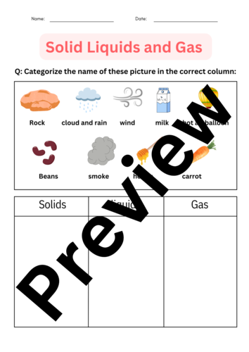 printable Solid Liquids and Gas worksheets for grade 1, 2, 3 | Teaching ...