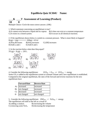 QUIZ EQUILIBRIA Quiz Grade 12 Chemistry SCH4U Equilibrium Quiz WITH ANSWERS #9