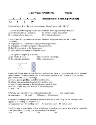QUIZ MECHANICAL WAVES Quiz Grade 11 Physics Quiz WITH ANSWERS SPH3U #10