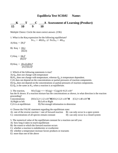 CHEMICAL EQUILIBRIUM TEST Grade 12 Chemistry SCH4U Equilibria Test WITH ANSWER#9
