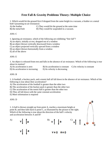 FREE FALL ACCELERATION AND GRAVITY multiple choice grade 11 physics WITH ANSWERS
