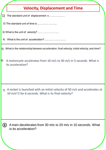 Velocity, Displacement, Acceleration and Time | Teaching Resources