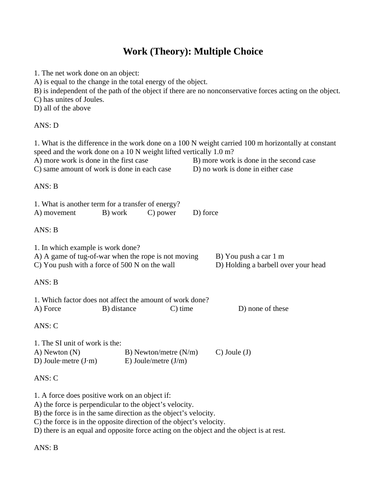 WORK and TRANSFER OF ENERGY Multiple Choice Grade 11 Physics WITH ANSWERS (16PG)