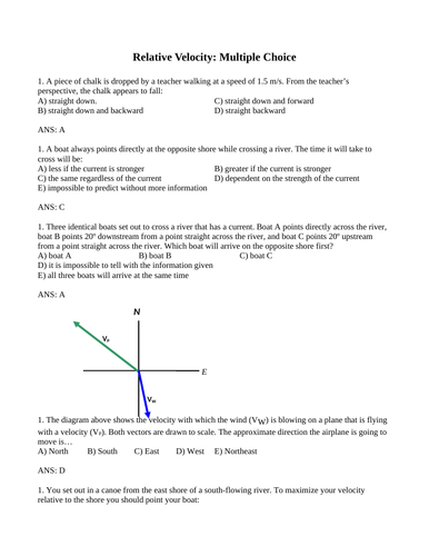 RESULTANT VELOCITY, RELATIVE VELOCITY Multiple Choice Grade 11 Physics WITH ANSWERS (6PG)