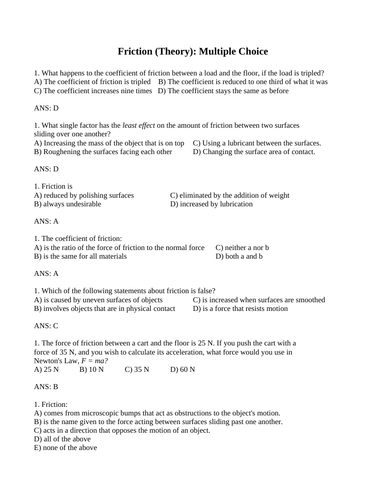 FRICTION & Coefficient of Friction Multiple Choice Grade 11 Physics WITH ANSWERS (10PG)
