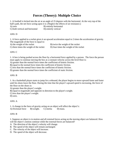 FORCES THEORY Weight Net Force Multiple Choice Grade 11 Physics WITH ANSWER 19PG