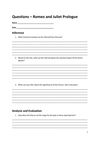 Romeo and Juliet Prologue Worksheet | Teaching Resources