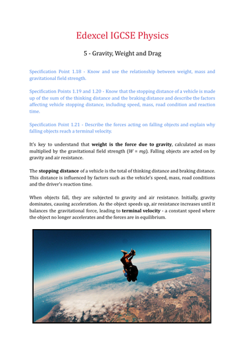 Edexcel IGCSE Physics Worksheets Chapter 1 - Forces and Motion ...