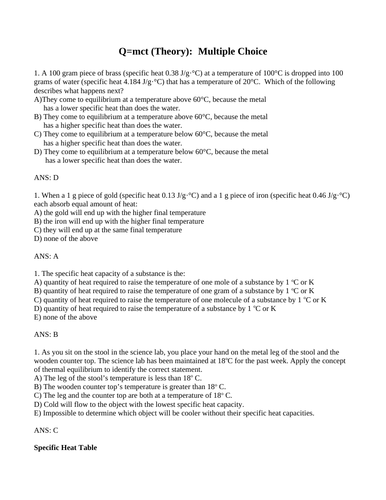 Physics Q=mct HEAT TRANSFER MULTIPLE CHOICE Grade 11 physics WITH ANSWERS (8PG)