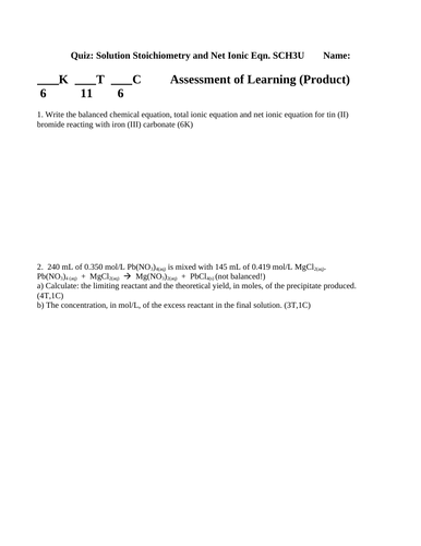 4 CHEMISTRY QUIZZES Solution Stoichiometry Net Ionic Equation SCH3U ...