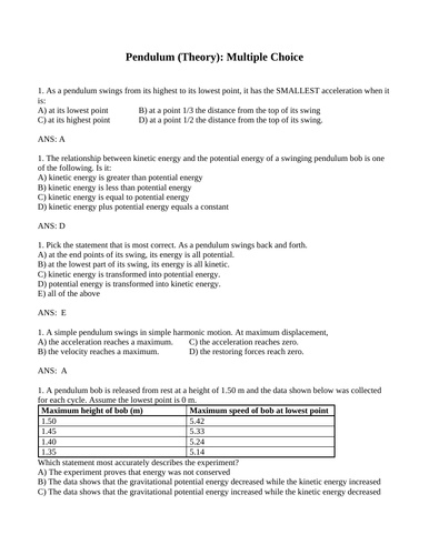 PHYSICS PENDULUMS Multiple Choice Grade 11 Physics WITH ANSWERS (7PG)