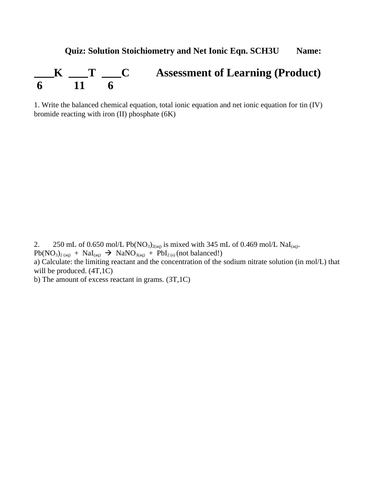 SOLUTION STOICHIOMETRY QUIZ SCH3U Grade 11 Chemistry Quiz WITH ANSWERS #12