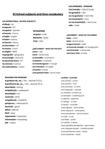 School subjects and time vocabulary