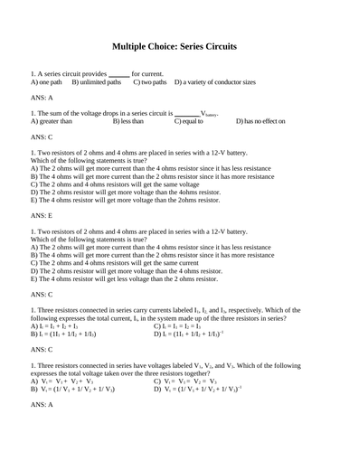 SERIES CIRCUITS and PARALLEL CIRUITS Multiple Choice Grade 11 Physics WITH ANSWERS (15PG)