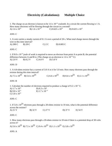 ELECTRICITY CALCULATIONS Ohm's Law Multiple Choice Grade 11 Physics WITH ANSWERS (14PG)