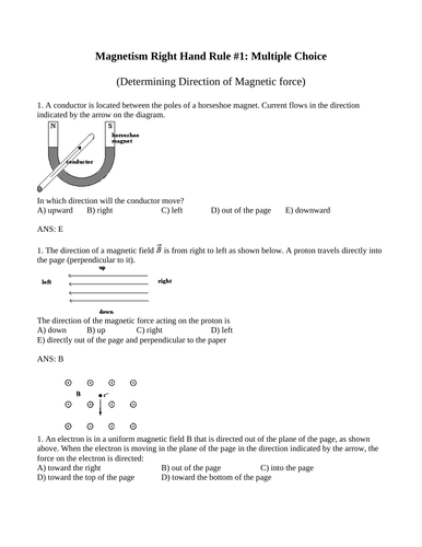 MAGNETISM RIGHT HAND RULES Multiple Choice Grade 11 Physics WITH ANSWERS (12PG)