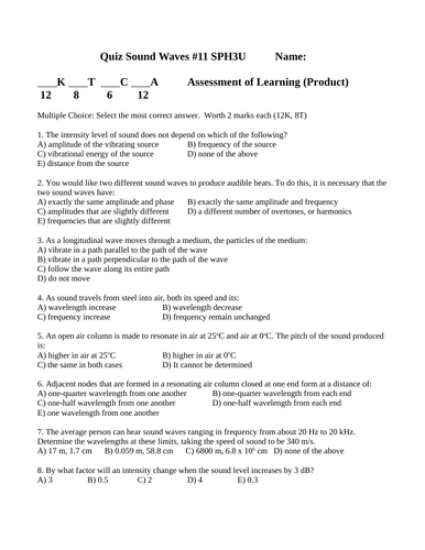 Air Column Quiz and SOUND WAVE QUIZ Grade 11 Physics Quiz SPH3U WITH ANSWERS #11