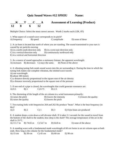 SOUND WAVES QUIZ SPH3U Air Column Quiz Grade 11 Physics Quiz WITH ANSWERS #12