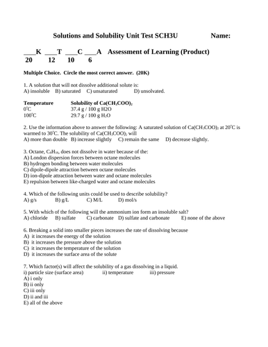 SOLUTIONS AND SOLUBILITY UNIT TEST Grade 11 Chemistry Test SCH3U WITH ANSWERS #11