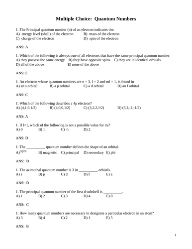 QUANTUM NUMBERS Multiple Choice Grade 12 Chemistry WITH ANSWERS (10PG)