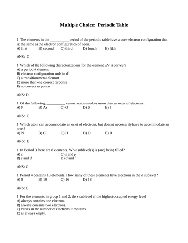 Electron Configurations & THE PERIODIC TABLE Multiple Choice Grade 12 Chemistry WITH ANSWERS (10PG)